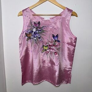 VINTAGE 100% THAI SILK Pink Hand Painted Butterfly Embellished Women's Top